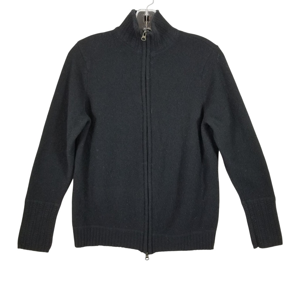 Pendleton Womens Black Merino Lambs Wool Full Zip Sweater Plaid Elbow Patches L